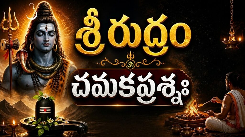 శ్రీ రుద్రం చమకప్రశ్నః పారాయణం కోసం శివలింగం ముందు రుద్రాభిషేకం చేస్తున్న దృశ్యం