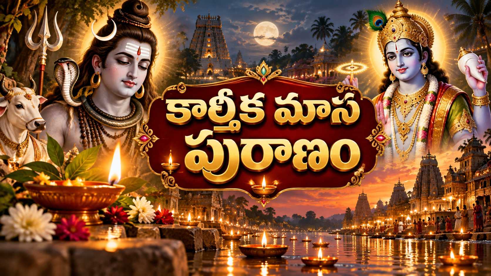 కార్తీక మాస పురాణం తెలుగు పారాయణం – శివుడు, శ్రీమహావిష్ణువు మరియు కార్తీక దీపాల దివ్య చిత్రం