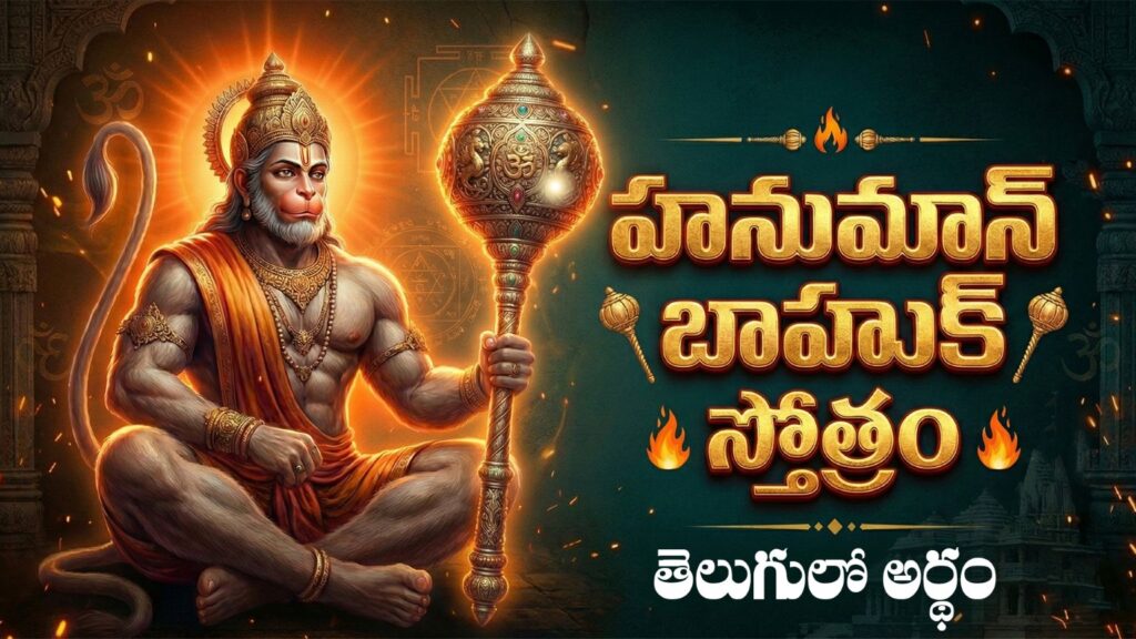 Hanuman Bahuk Stotram devotional image of Lord Hanuman with divine temple background
