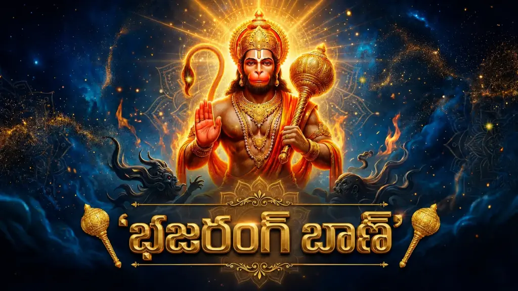 హనుమంతుడు చిత్రంతో బజరంగ్ బాణ్ శ్లోకం తెలుగులో అర్థం చూపించే భక్తి సంబంధిత చిత్రం