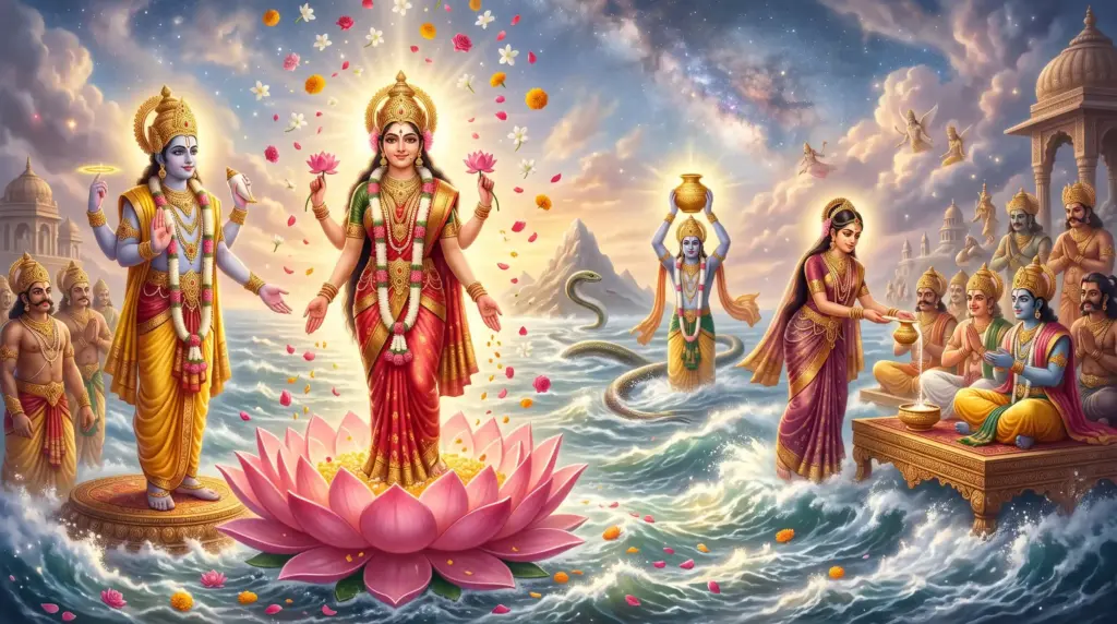 Goddess Lakshmi gracefully emerges from the Milky Ocean standing on a blooming lotus during the Samudra Manthan.