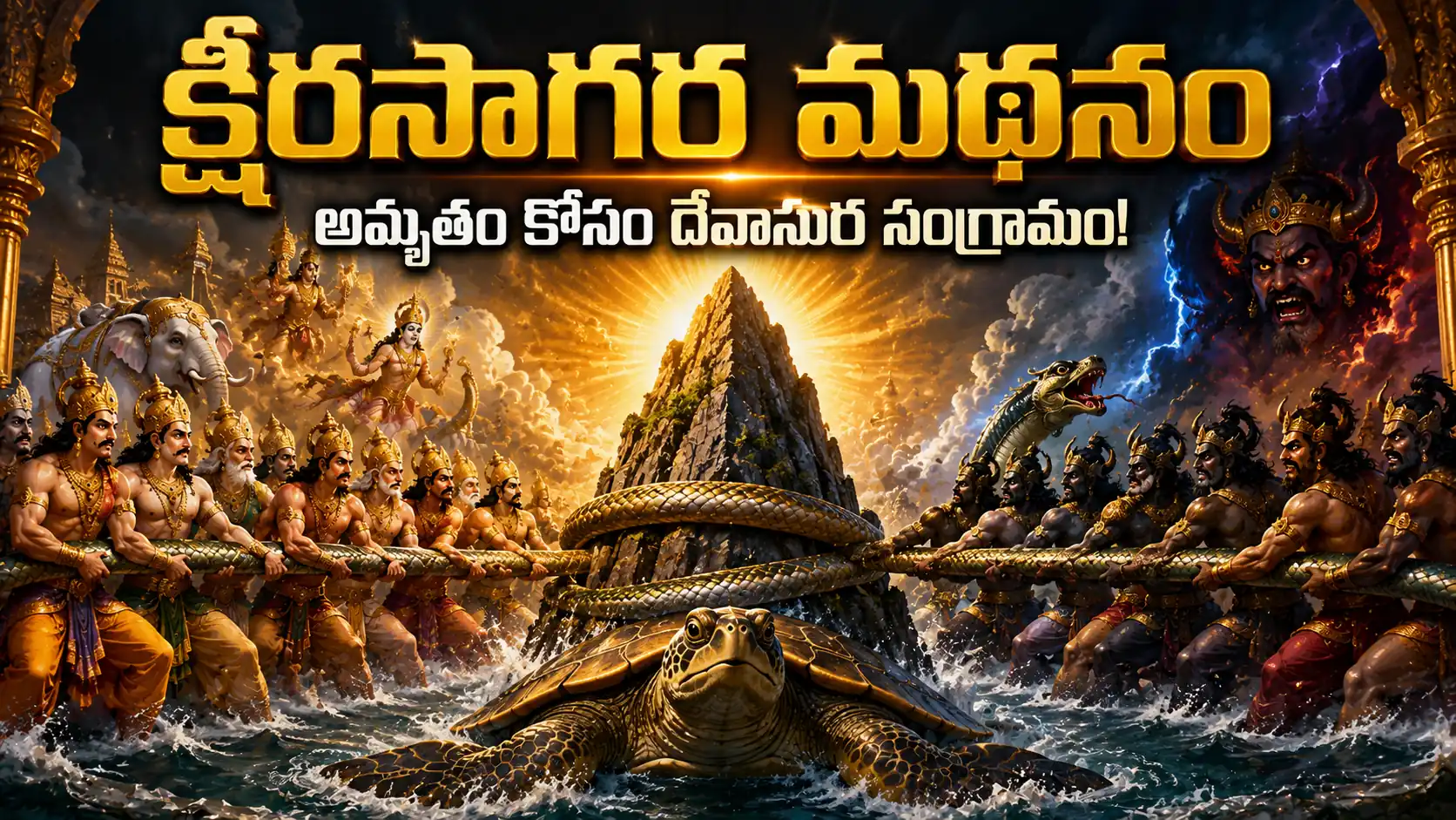 క్షీరసాగర మథనం సందర్భంగా దేవతలు, అసురులు వాసుకి నాగును తాడుగా ఉపయోగించి మందర పర్వతాన్ని మథిస్తున్న దృశ్యం. కూర్మావతారంలో శ్రీమహావిష్ణువు పర్వతానికి ఆధారంగా ఉన్న పురాణ ఘట్టం.
