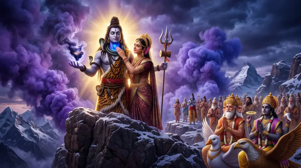 Lord Shiva holds the deadly Halahala poison in His throat as Goddess Parvati protects Him, creating the Neelakantha form.