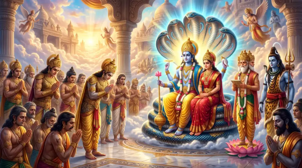 Lord Vishnu seated on Adishesha with Goddess Lakshmi in Vaikuntha as Devas seek divine guidance after their defeat.