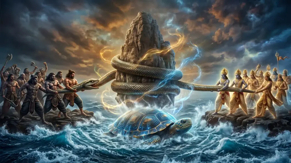 Ultra-realistic depiction of Samudra Manthan showing Devas and Asuras churning the Kshira Sagara with Mount Mandara and Vasuki while Lord Vishnu supports the mountain as Kurma Avatar.