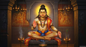 Ayyappa Swamy image with Harivarasanam stotram and temple night ambience