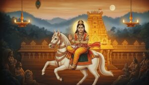 Ayyappa Swamy image with Harivarasanam stotram and temple night ambience