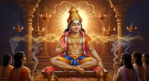 👉 Lord Ayyappa with Harivarasanam prayer text and temple background