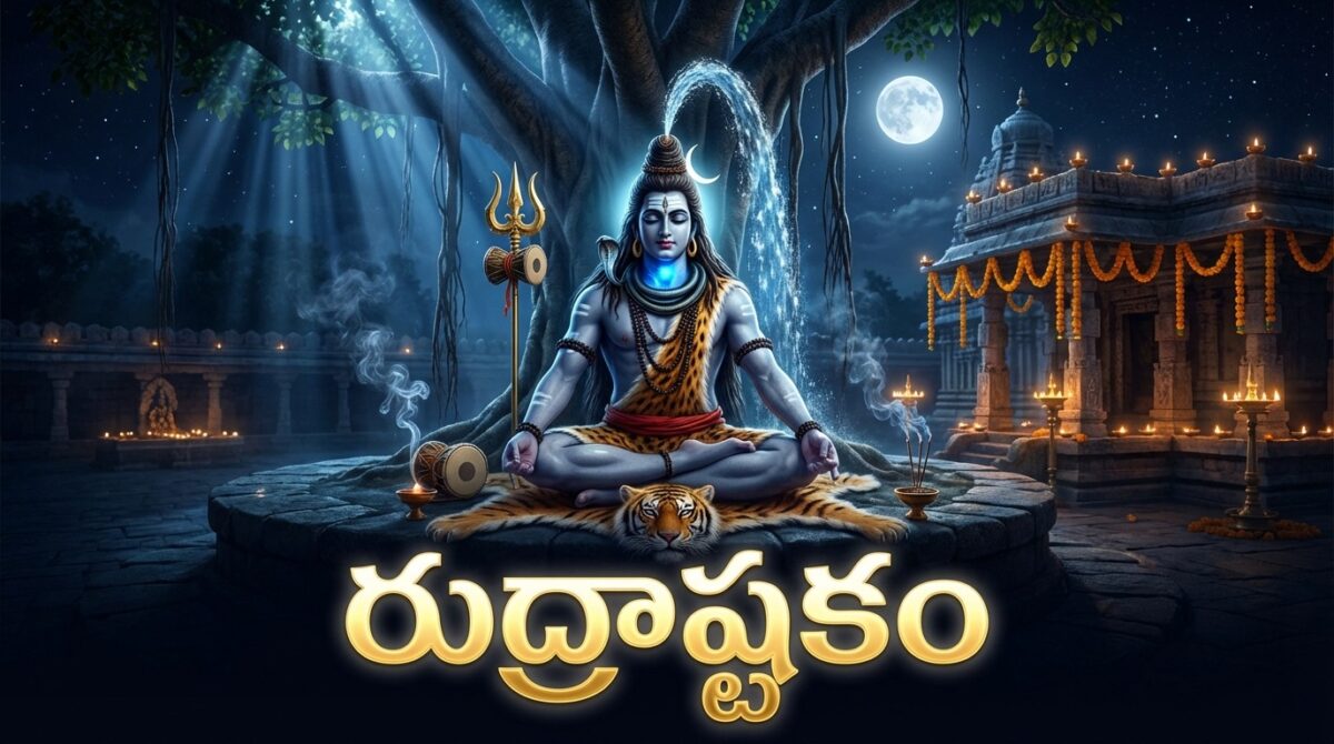 Rudrashtakam Telugu lyrics with Lord Shiva divine form image