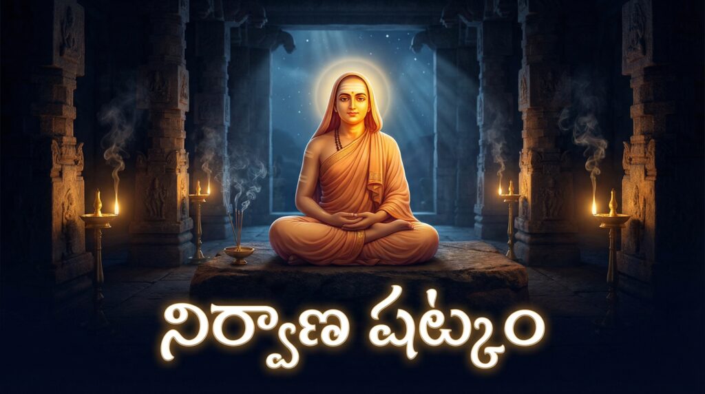 నిర్వాణ షట్కం పోస్టర్ – ఆదిశంకరాచార్యులు ధ్యానంలో, అద్వైత వేదాంత భావంతో రూపొందించిన ఆధ్యాత్మిక చిత్రం