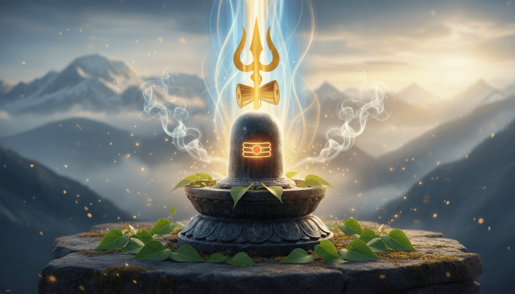 శివ అష్టోత్తర శత నామావళి పూజ కోసం పవిత్ర శివలింగం మరియు త్రిశూలం దైవిక దృశ్యం