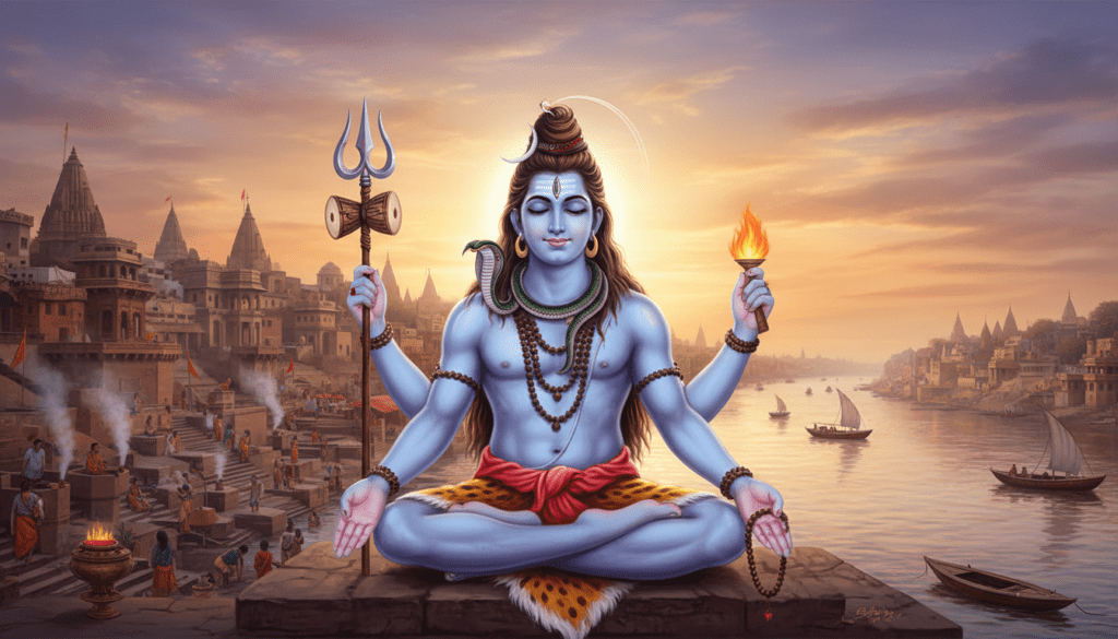 వారణాసి గంగా తీరంలో ఉదయకాలంలో దీపాలతో మెరిసే పవిత్ర దృశ్యం – కాశీ విశ్వనాథాష్టకం భక్తి చిత్రం