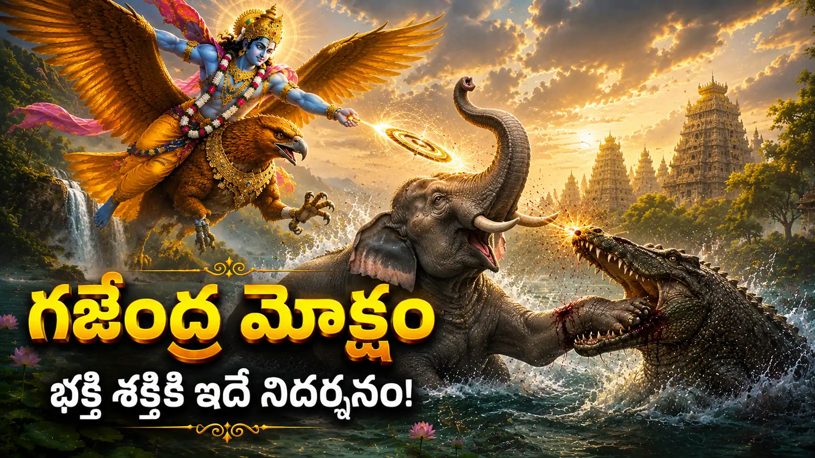 గజేంద్ర మోక్షంలో గజేంద్రుడిని మొసలి నుంచి రక్షించేందుకు గరుడునిపై వచ్చి సుదర్శన చక్రంతో మొసలిని సంహరిస్తున్న శ్రీమహావిష్ణువు.