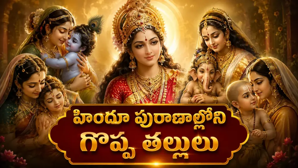 హిందూ పురాణాల్లోని గొప్ప తల్లులు – పార్వతి దేవి, యశోదా, కౌసల్య, దేవకి, అంజనా దేవి వంటి మహానుభావ తల్లుల దివ్య చిత్రాలతో కూడిన YouTube థంబ్‌నెయిల్.