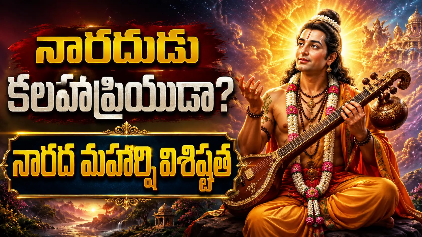వీణ ధరించిన నారద మహర్షి దివ్య రూపంతో నారదుడు కలహప్రియుడా మరియు నారద మహర్షి విశిష్టత తెలుగు వీడియో థంబ్‌నెయిల్