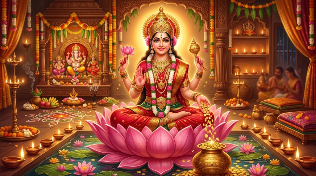 లక్ష్మి దేవి కమలంపై కూర్చొని భక్తులకు ధనం సంపదలను ప్రసాదిస్తున్న దివ్య రూపం