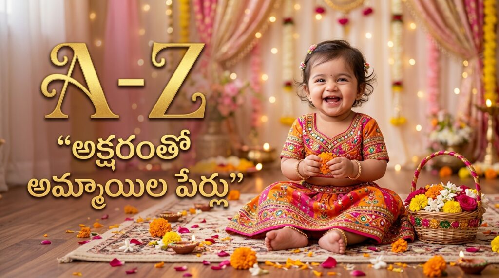 Cute Indian baby girl with letter A and Telugu text “Aksharamtho Ammayila Perlu” representing Hindu goddess baby girl names.