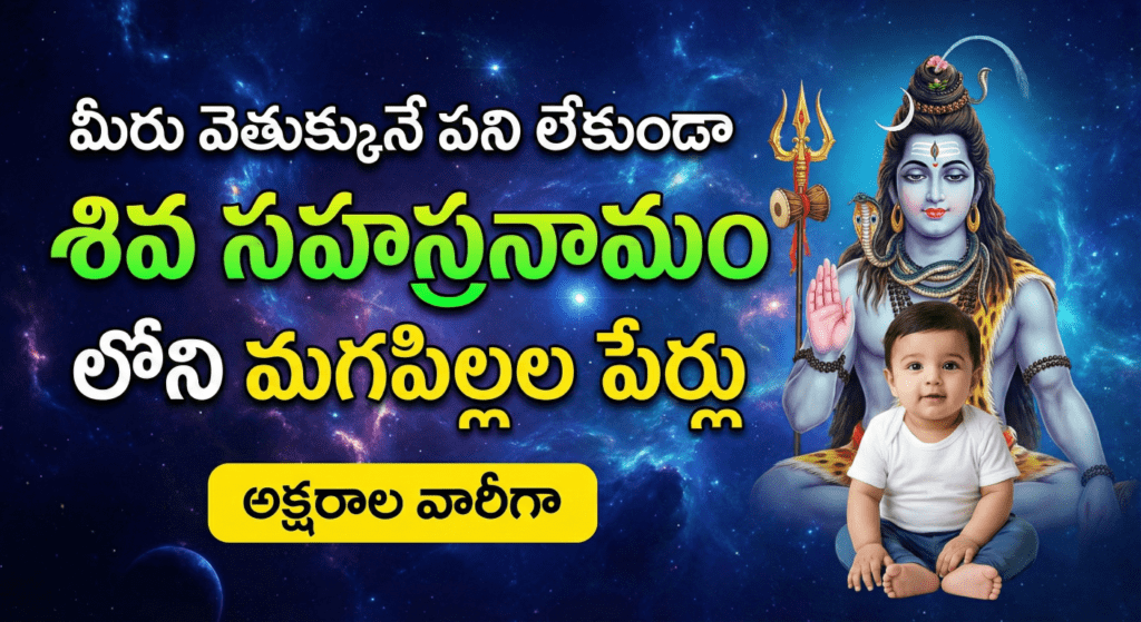 Cute Indian baby boy with Shiva Sahasranamam baby boy names theme in Telugu.