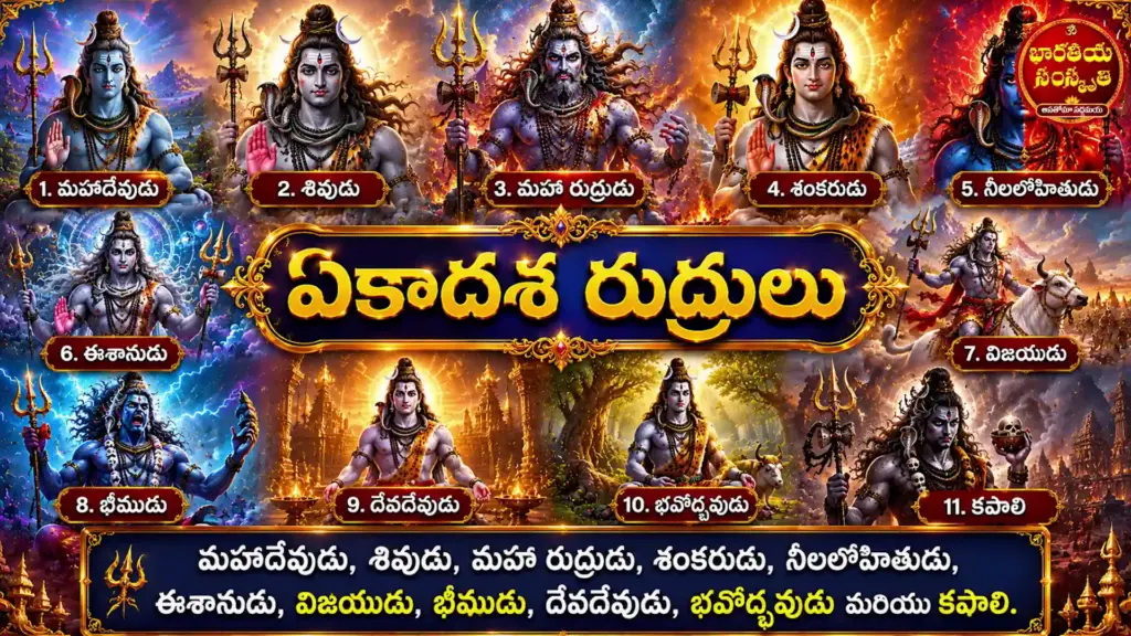 Artistic depiction of the eleven Rudras (Ekadasha Rudrulu) with Telugu names representing different forms of Lord Shiva.