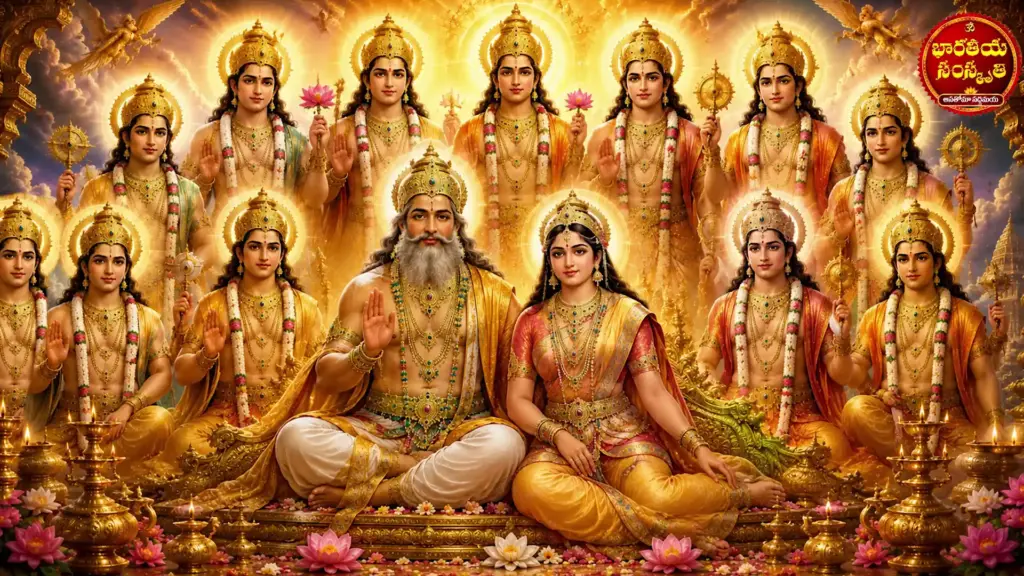 Divine illustration showing the eighteen Vishnu avatars with names in Telugu according to Hindu scriptures.
