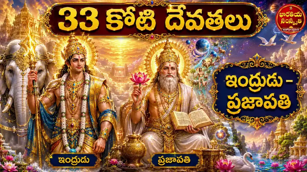 Hindu devotional illustration explaining the meaning of 33 Koti Devatas including Indra and Prajapati in Telugu.