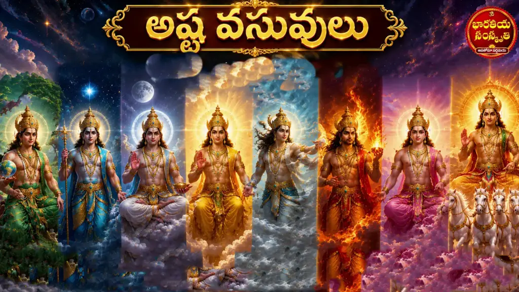 Sacred illustration showing the eight Vasus with Telugu names from Hindu mythology.