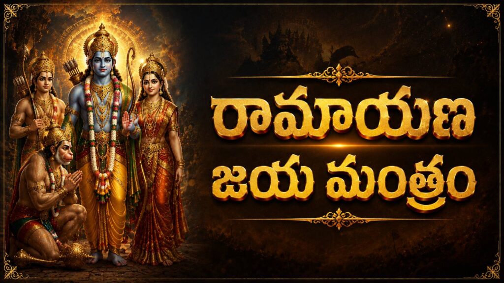 Divine Lord Rama and Hanuman image for Ramayana Jaya Mantram Telugu devotional prayer
