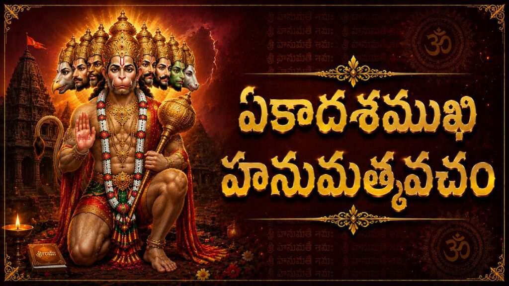 Powerful Ekadashamukhi Hanuman devotional image for Hanumat Kavacham Telugu prayer