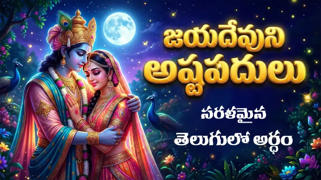 జయదేవుని అష్టపదులు సరళమైన తెలుగులో అర్థం రాధాకృష్ణులు ఆలింగనం చేసుకున్న అందమైన చంద్రకాంతి చిత్రం.