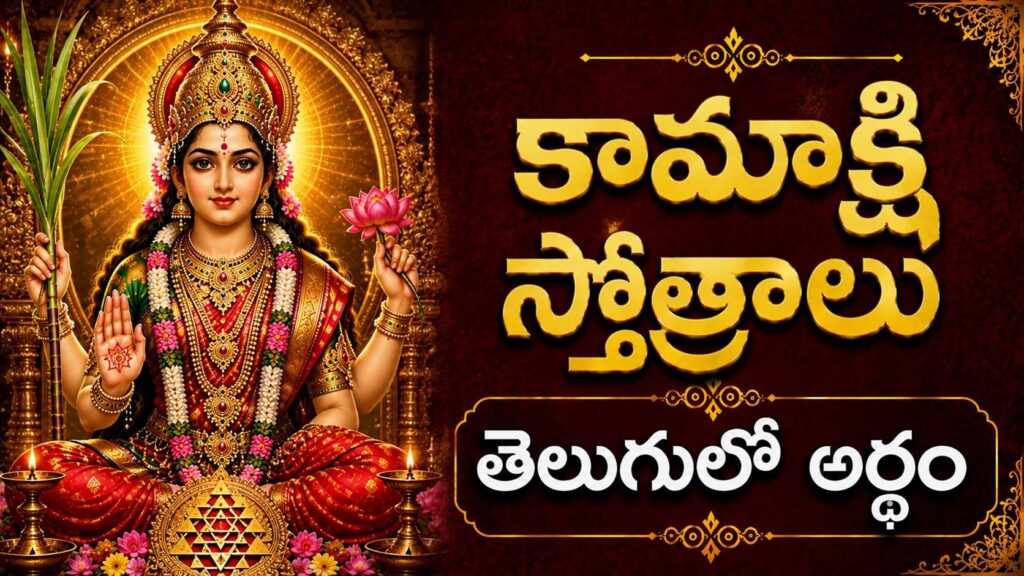 ప్రకాశవంతమైన దివ్య రూపంలో ఉన్న శ్రీ కామాక్షి దేవి, కామాక్షి స్తోత్రాల ఆధ్యాత్మిక శక్తి మరియు కంచి కామాక్షి అనుగ్రహాన్ని సూచిస్తుంది.