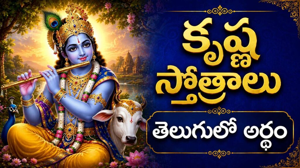 వేణువు వాయిస్తున్న శ్రీ కృష్ణ పరమాత్మ దివ్య రూపం, కృష్ణ స్తోత్రాల భక్తి శక్తి మరియు గోపాలుని అనుగ్రహాన్ని సూచిస్తుంది.