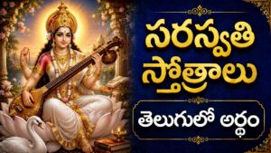 తెల్లని హంసపై వీణతో ఉన్న శ్రీ సరస్వతి దేవి దివ్య రూపం, సరస్వతి స్తోత్రాల ఆధ్యాత్మిక శక్తి మరియు జ్ఞాన అనుగ్రహాన్ని సూచిస్తుంది.