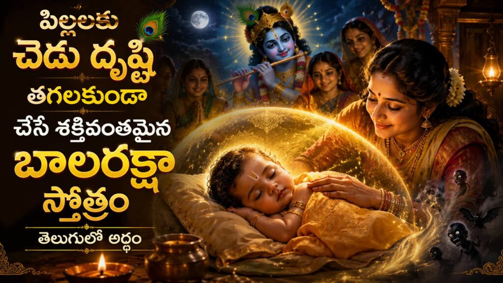 శ్రీకృష్ణుడు బాల గోపాల రూపంలో దర్శనమిస్తూ గోపీకృత బాలరక్షా స్తోత్రం దైవిక రక్షణను ప్రసాదిస్తున్న దృశ్యం