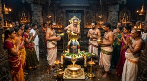 శ్రావణ మాస విశిష్టతను సూచించే పవిత్ర శివలింగం, బిల్వదళాలు, అభిషేకం, చంద్రుడు మరియు భక్తి వాతావరణంతో కూడిన దివ్య చిత్రం.