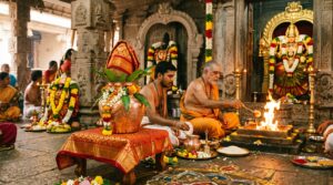శ్రావణ మాస విశిష్టతను సూచించే పవిత్ర శివలింగం, బిల్వదళాలు, అభిషేకం, చంద్రుడు మరియు భక్తి వాతావరణంతో కూడిన దివ్య చిత్రం.
