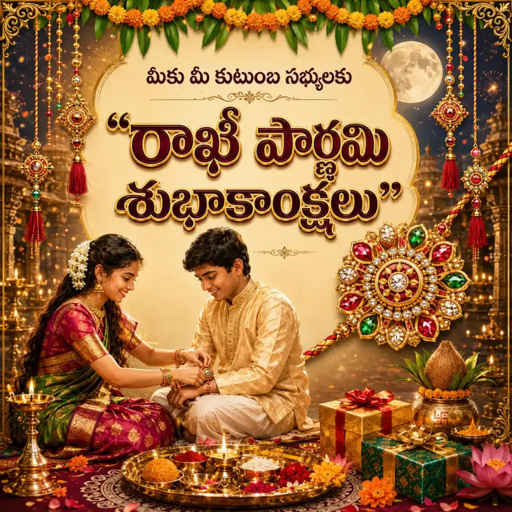 చెల్లెలు తన అన్న చేతికి రాఖీ కడుతున్న పవిత్ర దృశ్యం, రాఖీ పౌర్ణమి సందర్భంగా ప్రేమ, రక్షణ, ఆప్యాయతకు ప్రతీక.