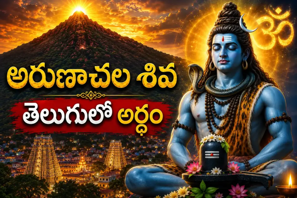 అరుణాచల శివ తెలుగులో అర్థం వివరిస్తున్న అరుణాచల పర్వతం మరియు పరమశివుని దివ్య రూపం