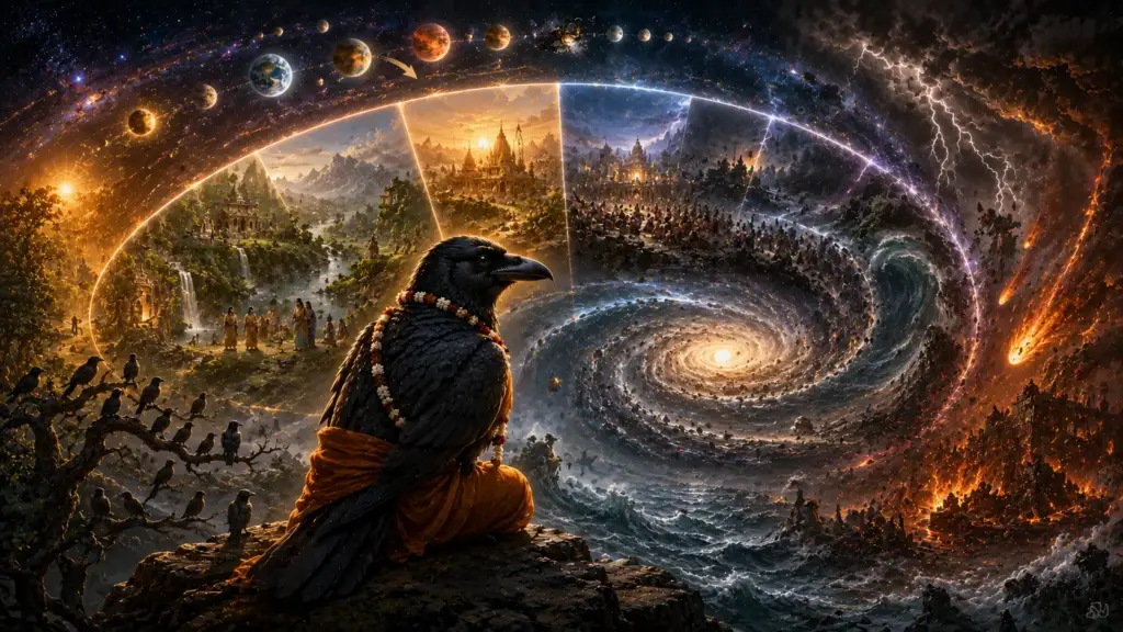 Kakabhushundi witnessing cosmic cycles and surviving the end of Kalpas