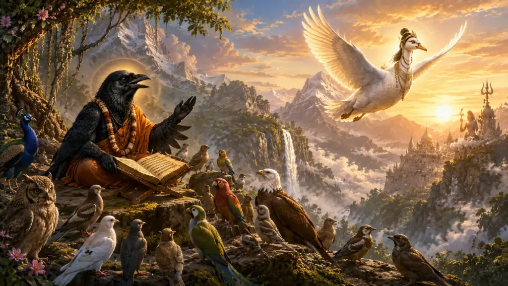 Kakabhushundi teaching Lord Rama's story to birds while Lord Shiva listens as a swan
