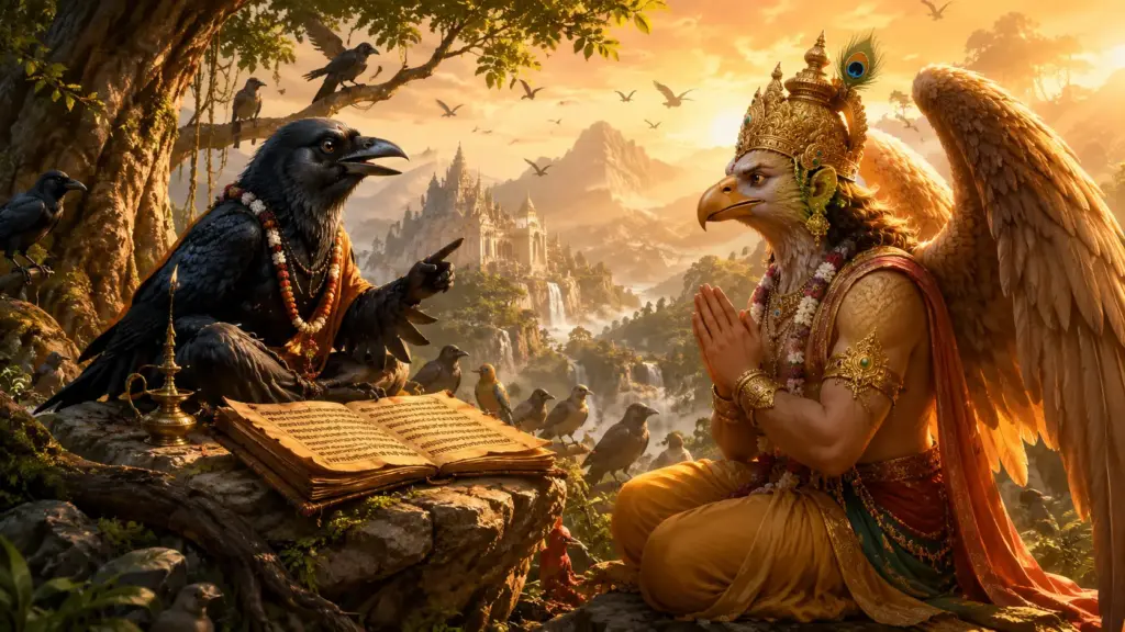 Kakabhushundi teaching the Ramayana to Garuda on Nilagiri mountain