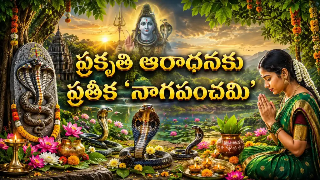 నాగదేవతకు పాలు సమర్పిస్తూ భక్తులు నాగపంచమి పూజ చేస్తున్న దృశ్యం, ప్రకృతి ఆరాధనకు ప్రతీక అయిన నాగపంచమి.