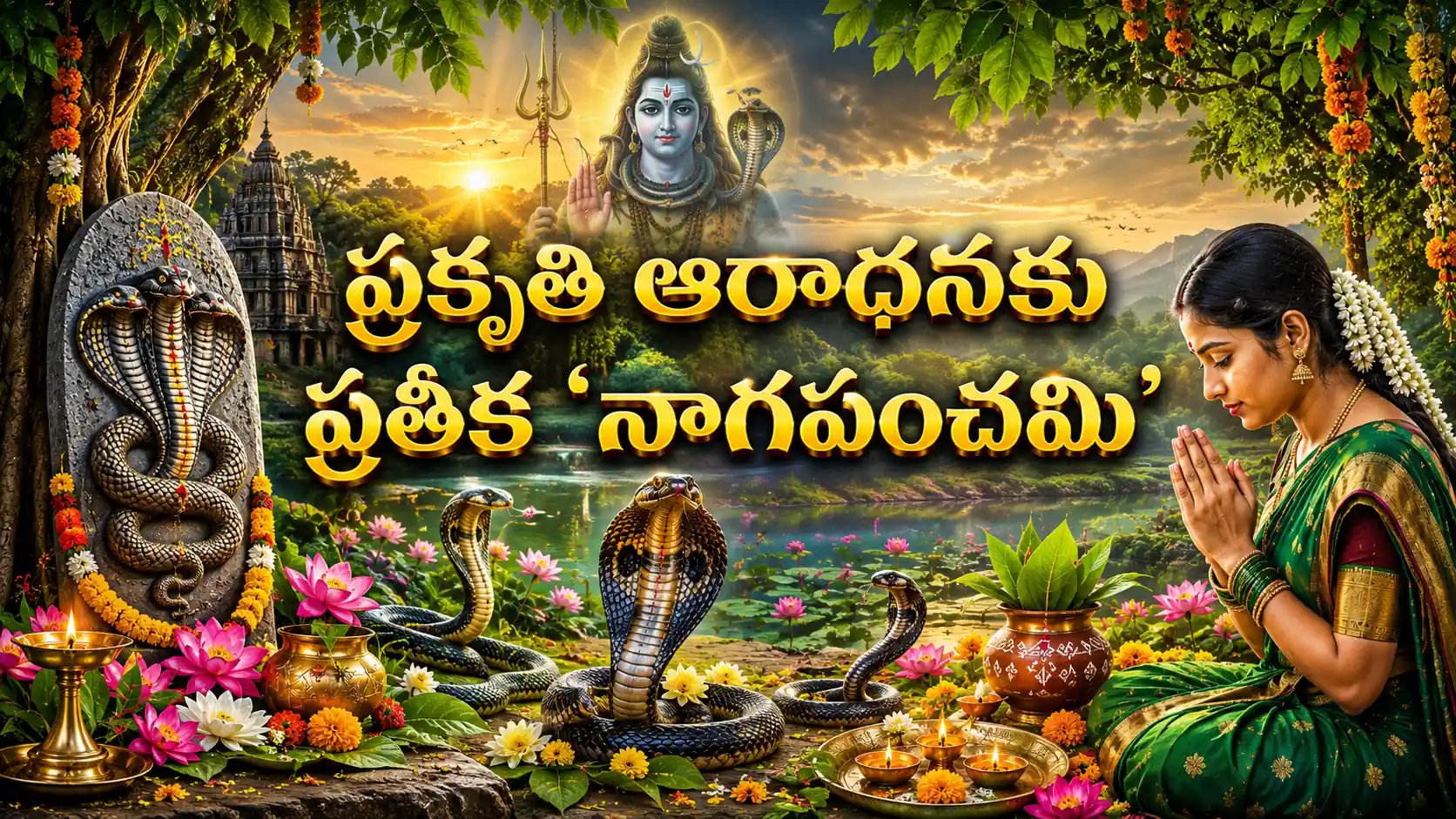 నాగదేవతకు పాలు సమర్పిస్తూ భక్తులు నాగపంచమి పూజ చేస్తున్న దృశ్యం, ప్రకృతి ఆరాధనకు ప్రతీక అయిన నాగపంచమి.