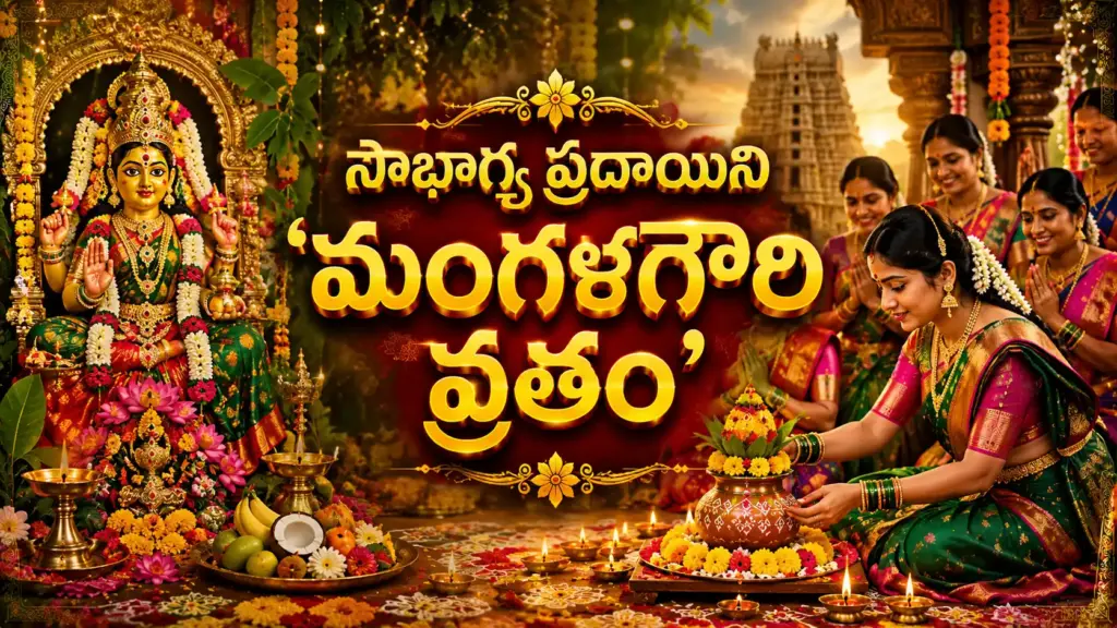 అలంకరించిన మంగళగౌరి అమ్మవారిని పూజిస్తున్న సుమంగళి మహిళలు, శ్రావణ మంగళవారం మంగళగౌరి వ్రత దృశ్యం.