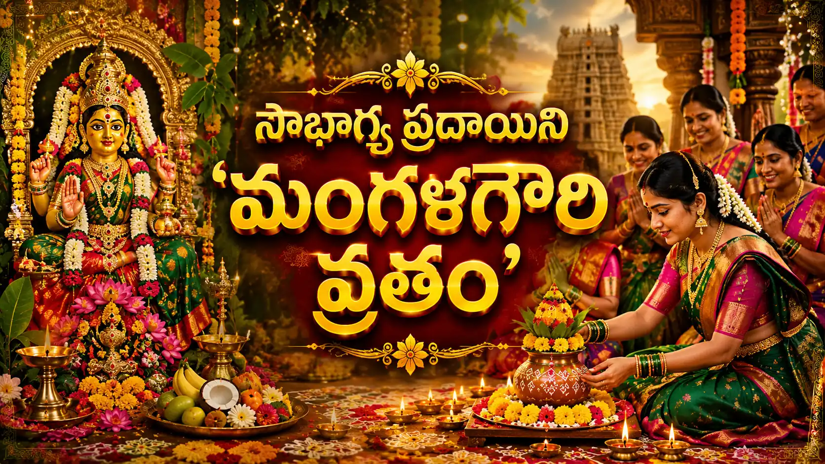 అలంకరించిన మంగళగౌరి అమ్మవారిని పూజిస్తున్న సుమంగళి మహిళలు, శ్రావణ మంగళవారం మంగళగౌరి వ్రత దృశ్యం.