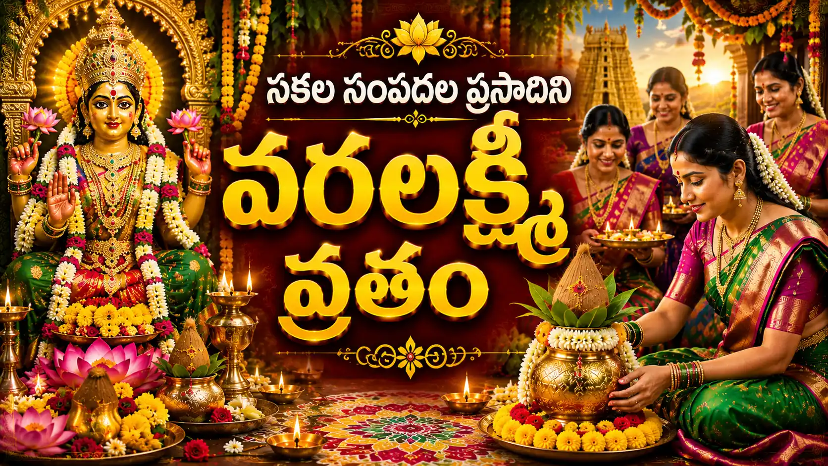 అలంకరించిన కలశ రూపంలోని శ్రీ వరలక్ష్మీ దేవిని పూజిస్తున్న సుమంగళి మహిళలు, వరలక్ష్మీ వ్రత దృశ్యం.