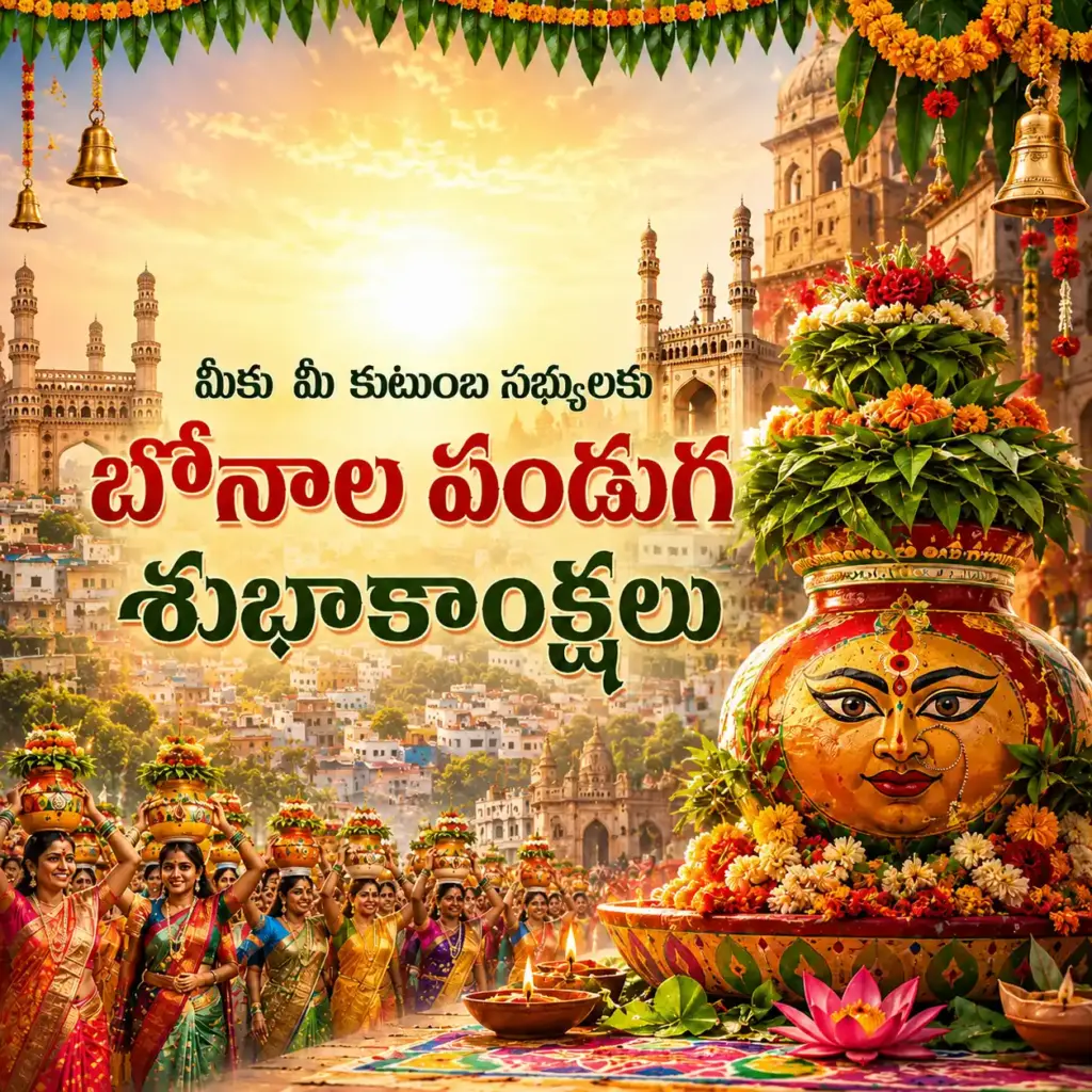 తెలంగాణ సంప్రదాయ వస్త్రధారణలో మహిళలు అలంకరించిన బోనాలతో మహంకాళి అమ్మవారికి ఊరేగింపుగా వెళ్తున్న బోనాల పండుగ దృశ్యం.