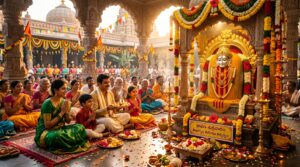శివలింగం, బిల్వదళాలు, అభిషేకం మరియు ఆలయ నేపథ్యంతో శ్రావణ మాస మహాత్మ్యాన్ని సూచించే భక్తిమయ దృశ్యం.