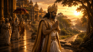 భూమాత గోవురూపంలో ఉండగా పృథు చక్రవర్తి ప్రజల శ్రేయస్సు కోసం ఆమెను పాలిస్తున్న దివ్య దృశ్యం – నారాయణీయం అష్టాదశదశకమ్