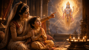 అడవిలో ఘోర తపస్సు చేస్తున్న బాలధ్రువుడికి శ్రీమహావిష్ణువు ప్రత్యక్షమవుతున్న దివ్య దృశ్యం – నారాయణీయం సప్తదశదశకమ్