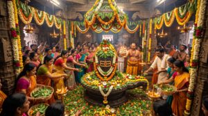 శ్రావణ మాస విశిష్టతను సూచించే పవిత్ర శివలింగం, బిల్వదళాలు, అభిషేకం, చంద్రుడు మరియు భక్తి వాతావరణంతో కూడిన దివ్య చిత్రం.